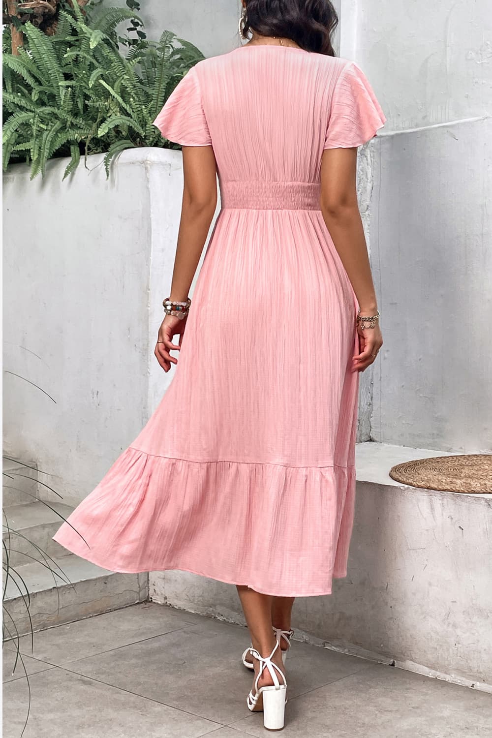 Surplice Neck Smocked Waist Flutter Sleeve Dress