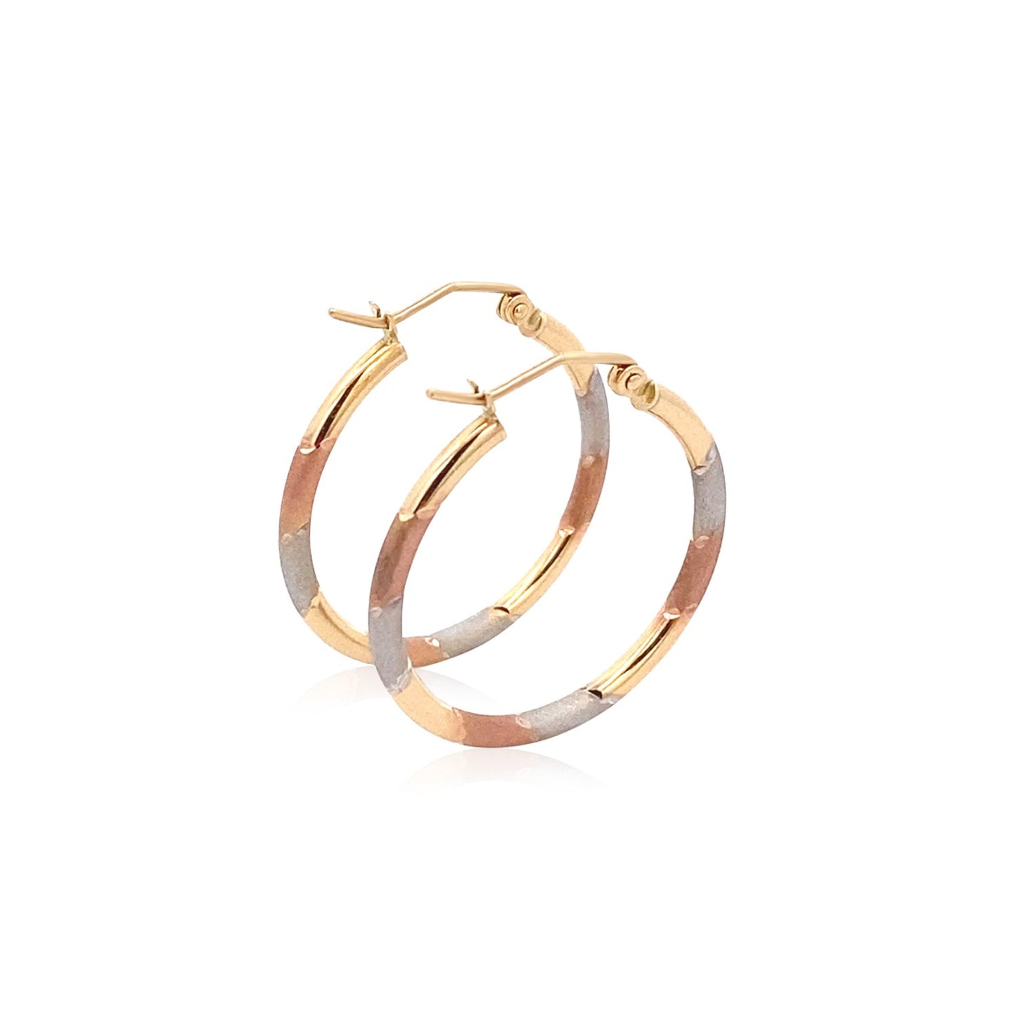 14k Tri-Color Textured Hoop Earrings (2x22mm)