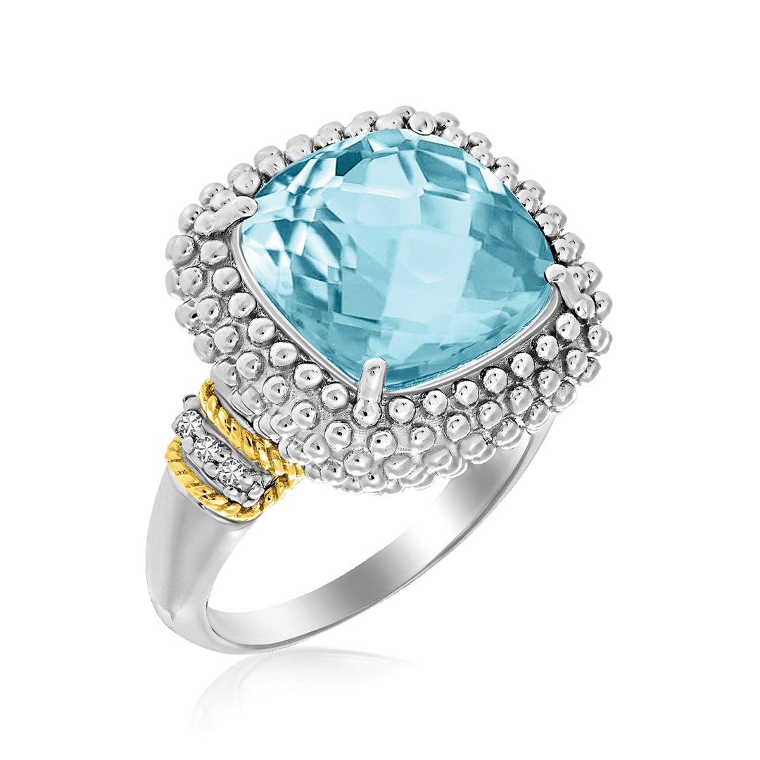 Popcorn Cushion Sky Blue Topaz and Diamond Ring in 18k Yellow Gold and Sterling Silver (.05cttw)