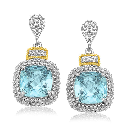 Drop Earrings with Sky Blue Topaz and Diamond Accents in 18k Yellow Gold and Sterling Silver (.05cttw)